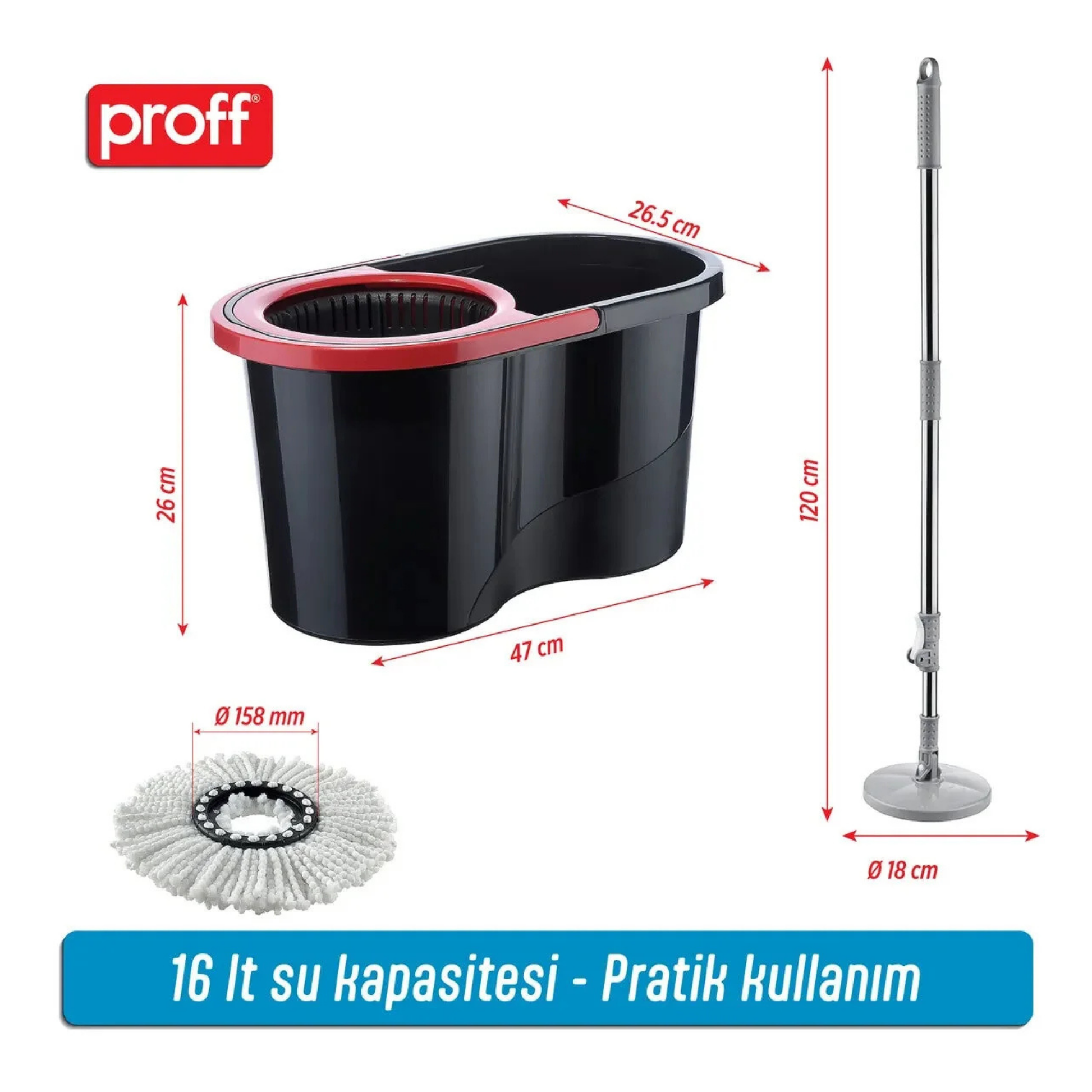 Proff Quantum Döner Başlıklı Temizlik Seti Siyah, Moplu Temizlik Seti