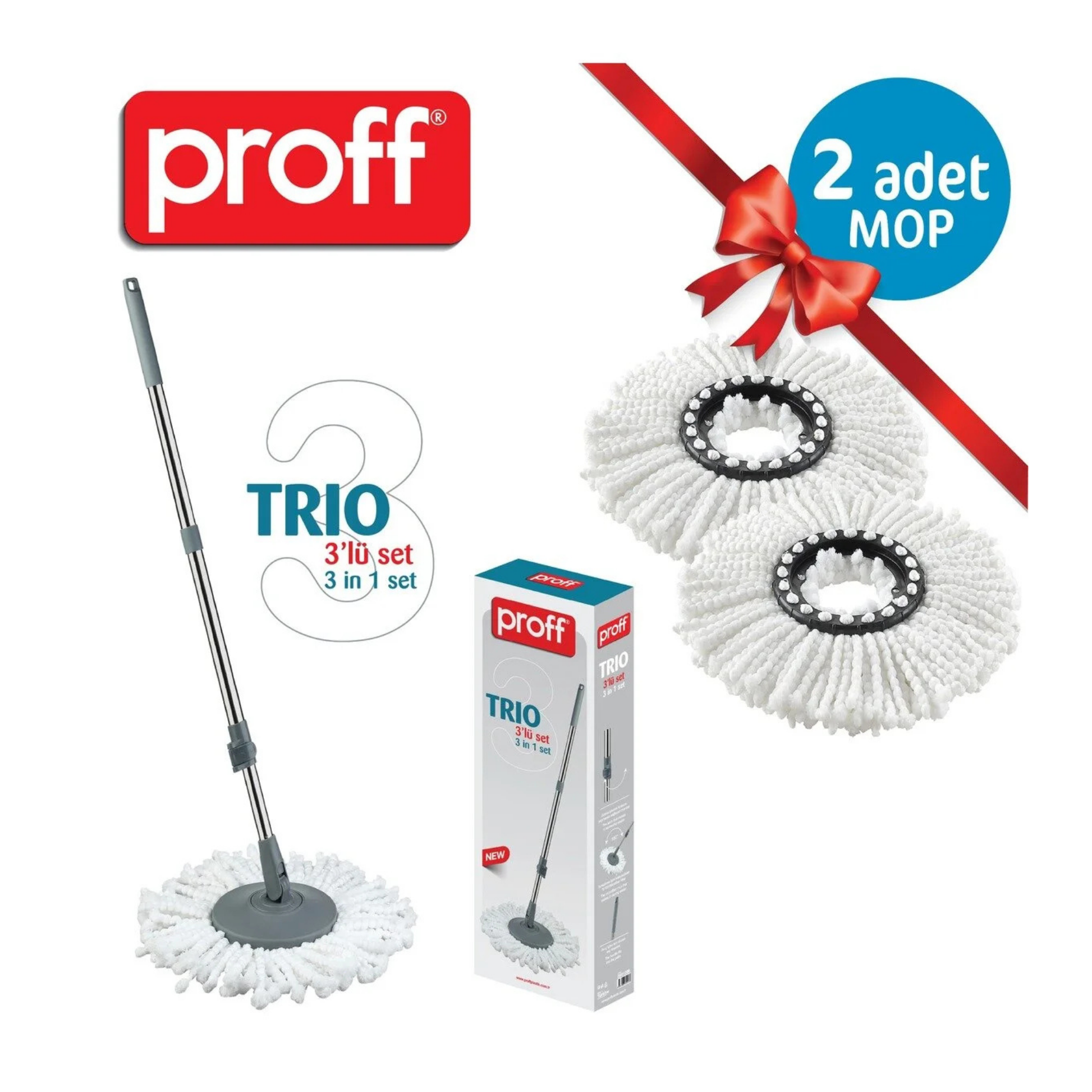 Proff Trio 3’lü Temizlik Seti (Otomatik Sap + Mop Başlığı + 2 Mop Yedeği)